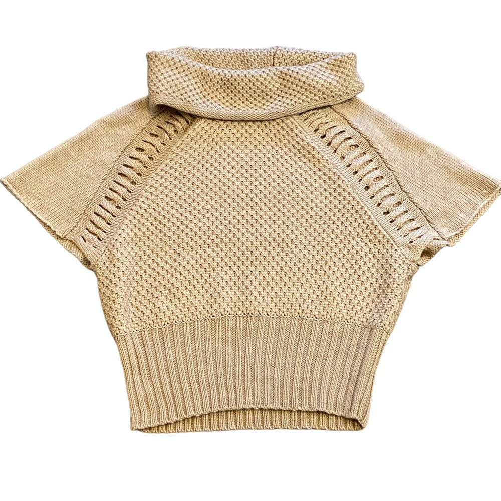 Camel /tan acrylic wool blend shorts sleeved sweater/ vest with cowl nec…